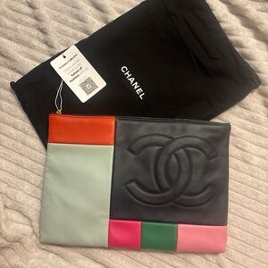 CHANEL 2015 CC Color Block Leather Clutch Bag